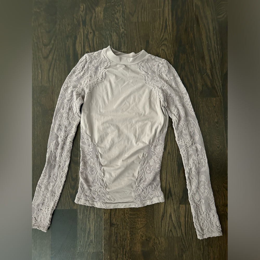 Free people mock neck long sleeve top with lace arm details